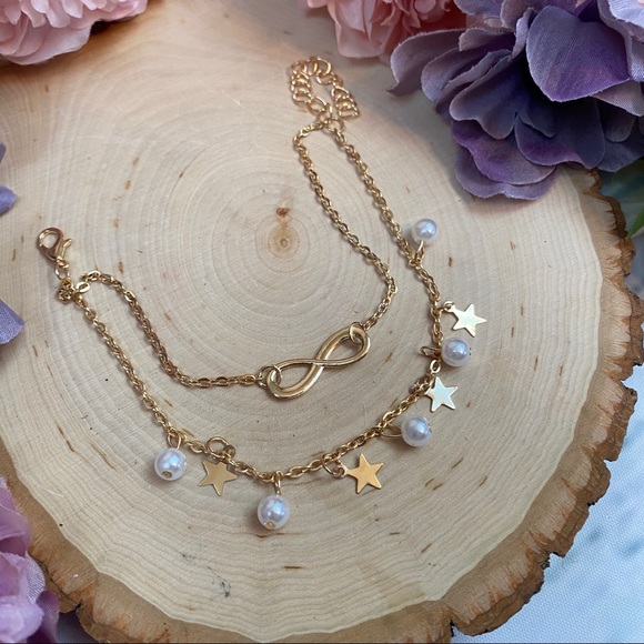 Boho Double Strand Infinity Anklet Set with Pearls - Picture 4 of 13